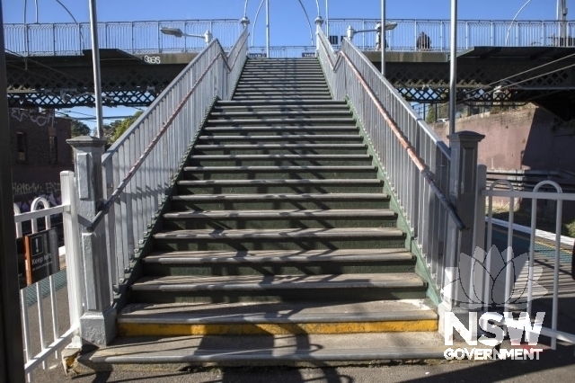 Petersham Railway Station Group - Stairs from Platform 1/2, with newell posts and wooden treads.