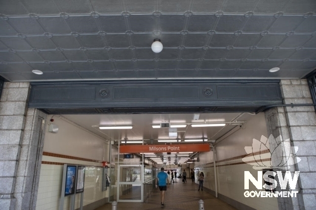 Milsons Point Railway Station - Pressed metal under the Alfred st entrance awning.