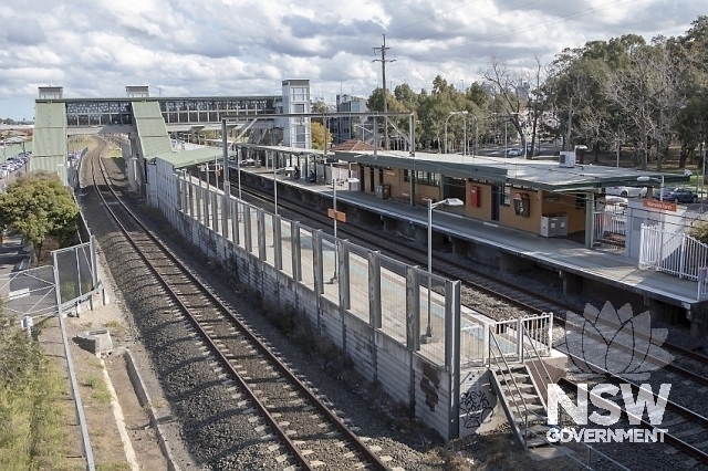 Warwick Farm Railway Station Group - Platform 2 and platform 1 building and the overhead footbridge
