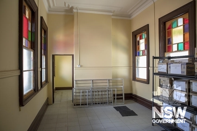 Canterbury Railway Station Group - Platform 1 building, coloured glass sash windows,. ceiling