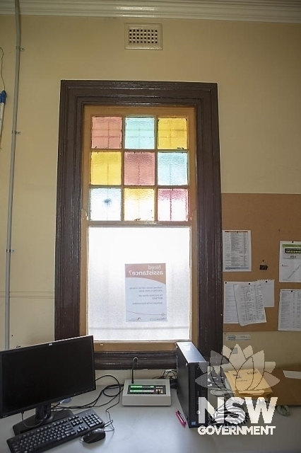 Lindfield Railway Station Group - Sash window with coloured glass.