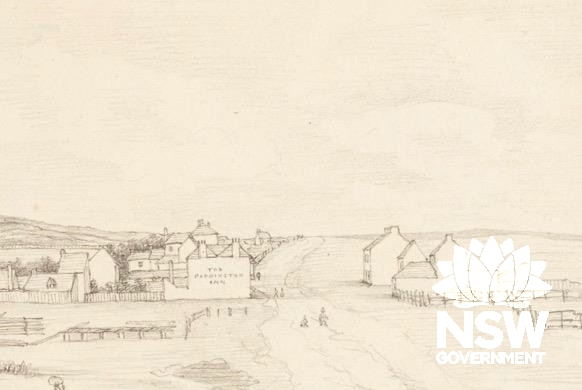 The earliest known image showing the Paddington Inn, from 1853, with vacant land beside the Hotel.
