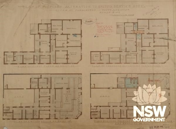 1925 plans for alts and adds by Tooth's Architect Office. Stamped 1926 (SRNSW AO Plan 71753).
