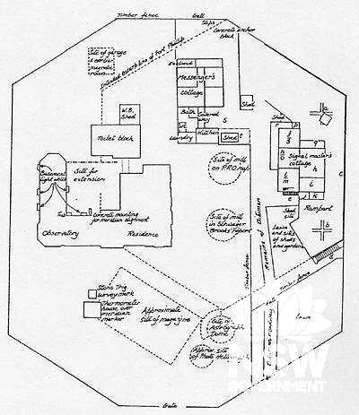 Sketch plan of Observatory Hill site  in 1991 with features of Signal Master's Cottage identified in physical description