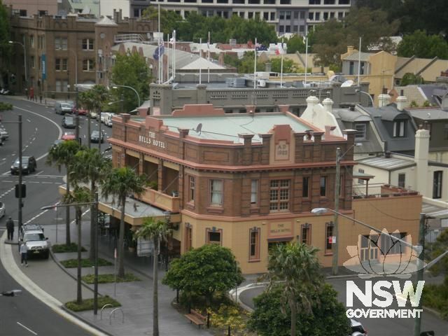 View of The Bells Hotel  with the  Former Macquaire Hotel behind  it and The Gunnery in the distance,  taken from the elevated pathway from the Domain to Wooloomooloo