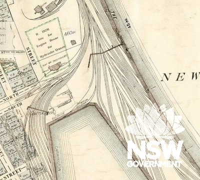 1916 Town map of Newcastle showing the Power Station at the head of The Basin at the centre of a web of rail lines leading to the hydraulic cranes along the waterfront (Lands Department website, image 10855601)