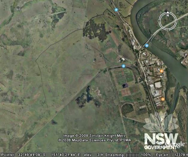Aerial view of Minmi-Hexham Rail from Google Earth (cont.). Shows line terminating at Hexham. [Source: Google Earth]
