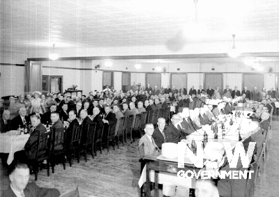Farewell dinner for Keith Butler, NSW Manager of BHP, held in the main dining room in 1955 (Source: Hunter Photobank, from 'Australian Coal, Shipping, Steel and the Harbour', May 2 1955)