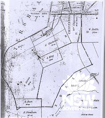 1830 Map showing Nicholas Divine's grant at Erskineville of 210 acres (1794 grant of 120 acres and a later grant of 90 acres) (Topman & Tropman Architects, South Sydney Heritage Study 1995: 69 in Oultram Heritage & Design, 2001).