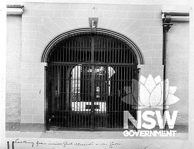 Looking from inside Gaol through the gates, c.1898