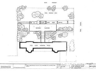 Site development plan of PWD Flood Mitigation Office with static train display and restored platform. Project architect: John Carr.