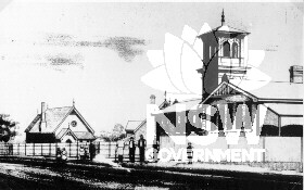 Hurstville Public School, 80 Forest Road, Hurstville in 1892. Original 1876 school building in background, 1891 School Building in foreground.