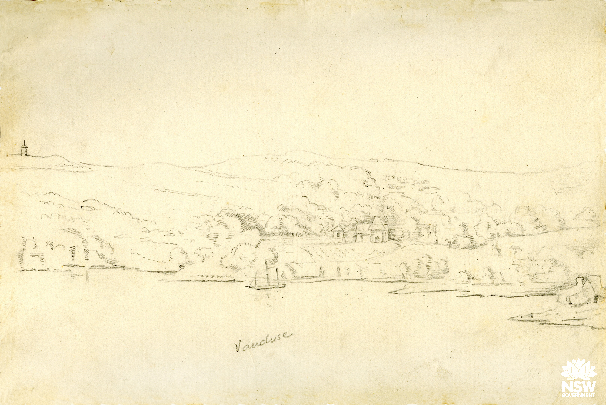 Pencil drawing of Vaucluse (crop) by surveyor Robert Hoddle, 1824