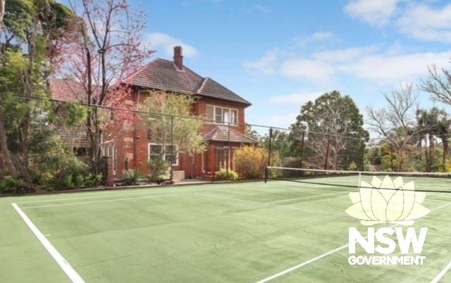Side elevation and tennis court