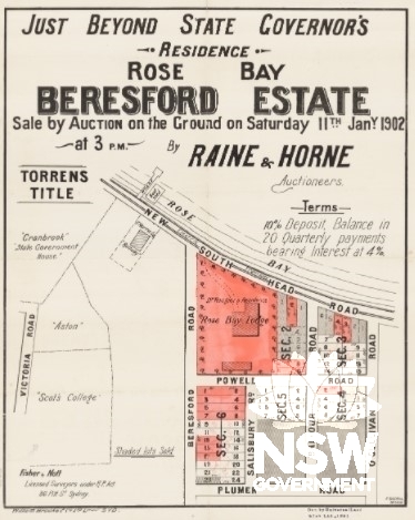 1902 subdivision plan of the Beresford Estate in Rose Bay