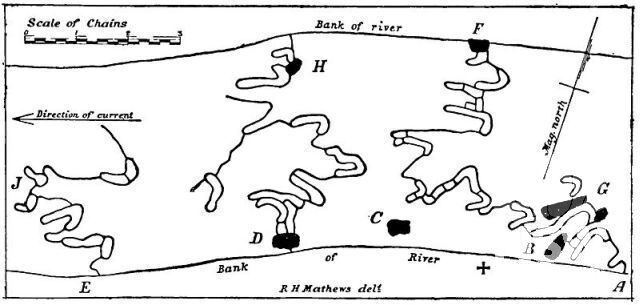 R.H. Mathew's plan of the fish traps, published in his article 'The Aboriginal fisheries of Brewarrina', read before the Royal Society of New South Wales 5 August 1903 and published in the journal of the Royal Society of NSW Vol.37, 1903.