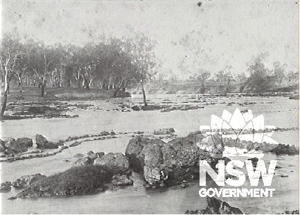 Captioned: Aboriginal Fish traps on Darling River, Brewarrina, NSW - These 'fisheries' never seem to be disturbed by floods, though as can be seen by the photo they are built of small stones only without any attempt at cementing or other fastening