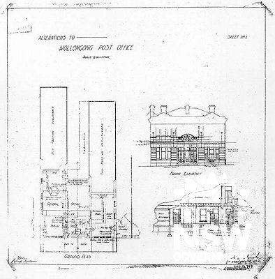 Historic plans of the original design for the Wollongong Post and Telegraph Office.