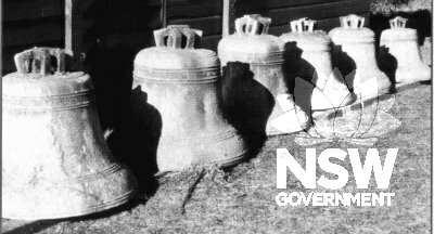 Photograph of the Bathurst Cathedral Bells on the ground after their bell tower was demolished in 1970.