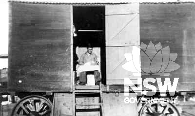 The modified mobile galley showing corregated iron exterior , altered after a towing accident.