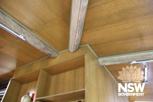 Interior of Myer House showing pole construciton  detail of roof meeting wall.