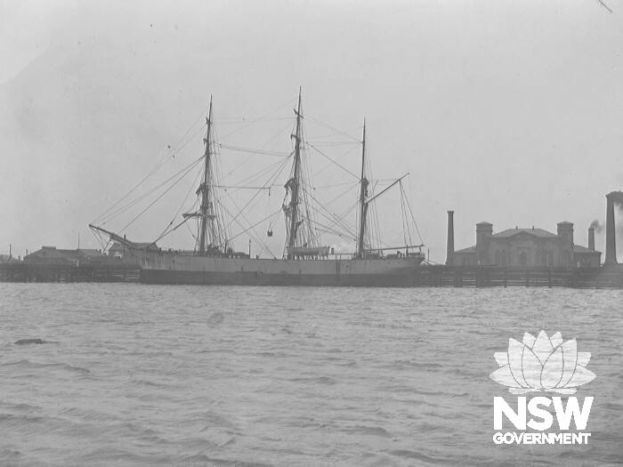 Barque Alderbaron in The Basin, Newcastle, November 1899, with the Hydraulic Engine House in the background.