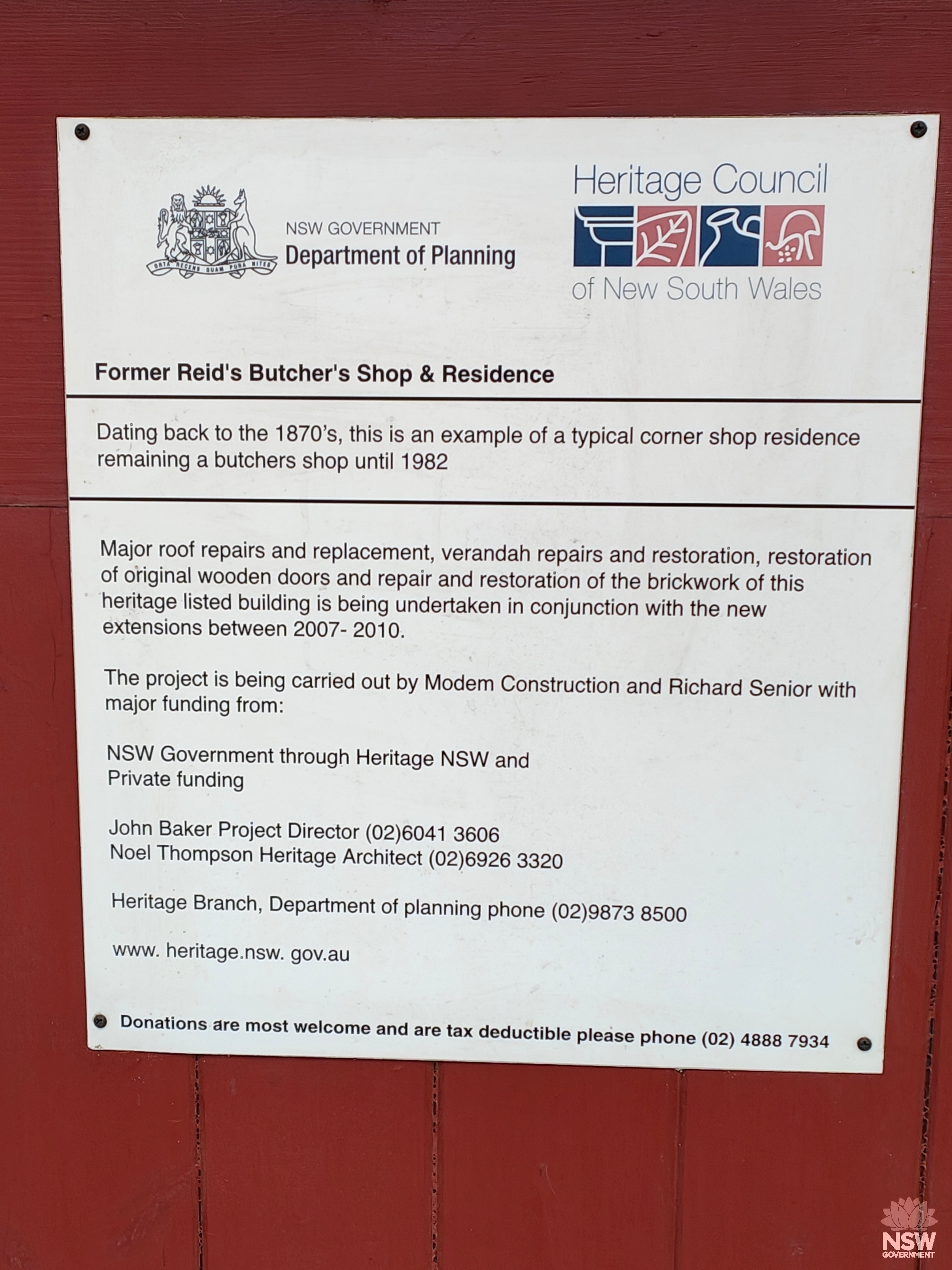 Plaque Reids Butchery Shop and Dwelling