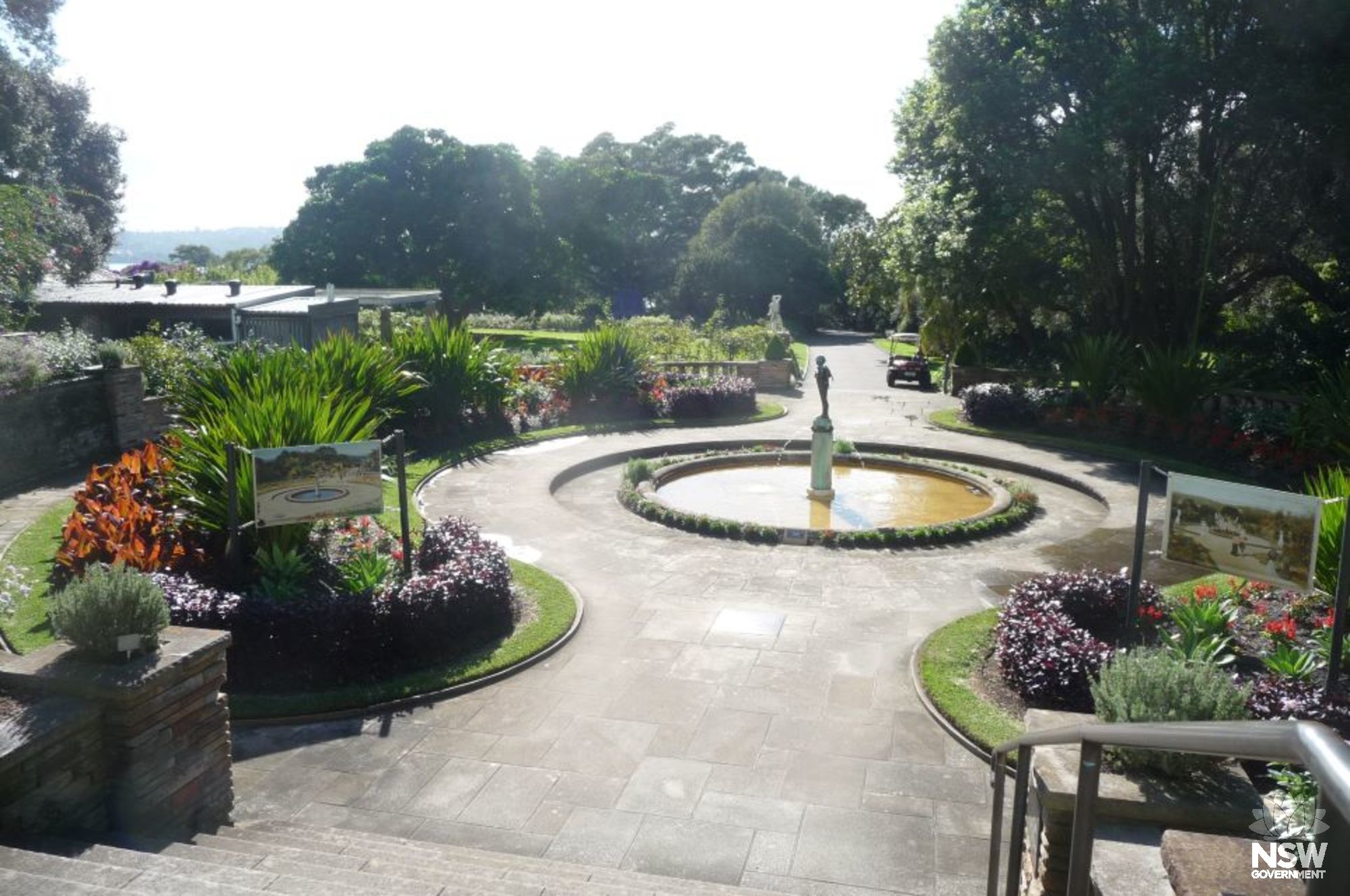 Sunken Pioneer Memorial Garden on footprint of 1879 Garden Palace Dome, with Rose Garden beyond. Palace Garden
