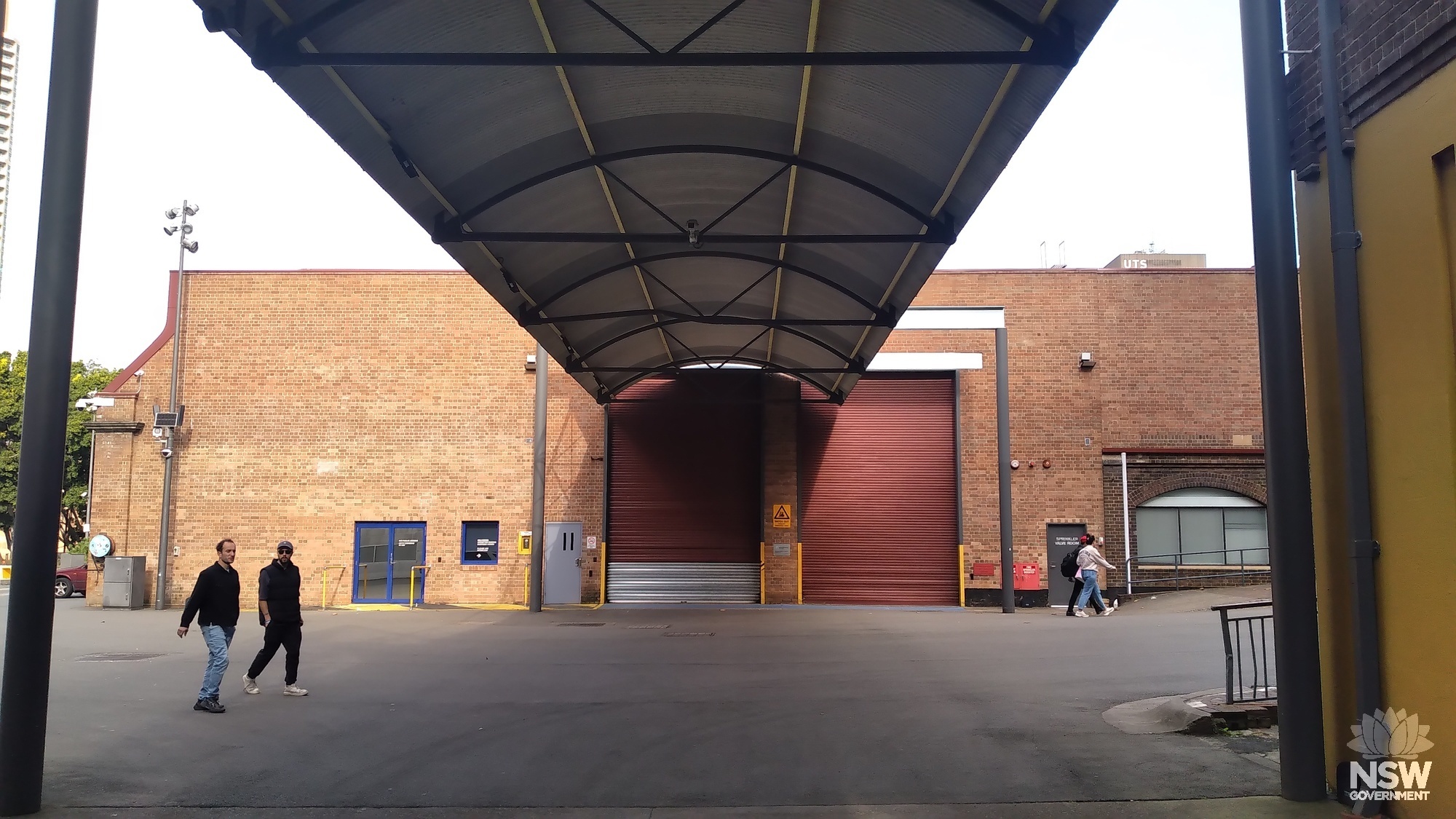 View under covered way over Macarthur Street connecting Harwood Building and Turbine Hall