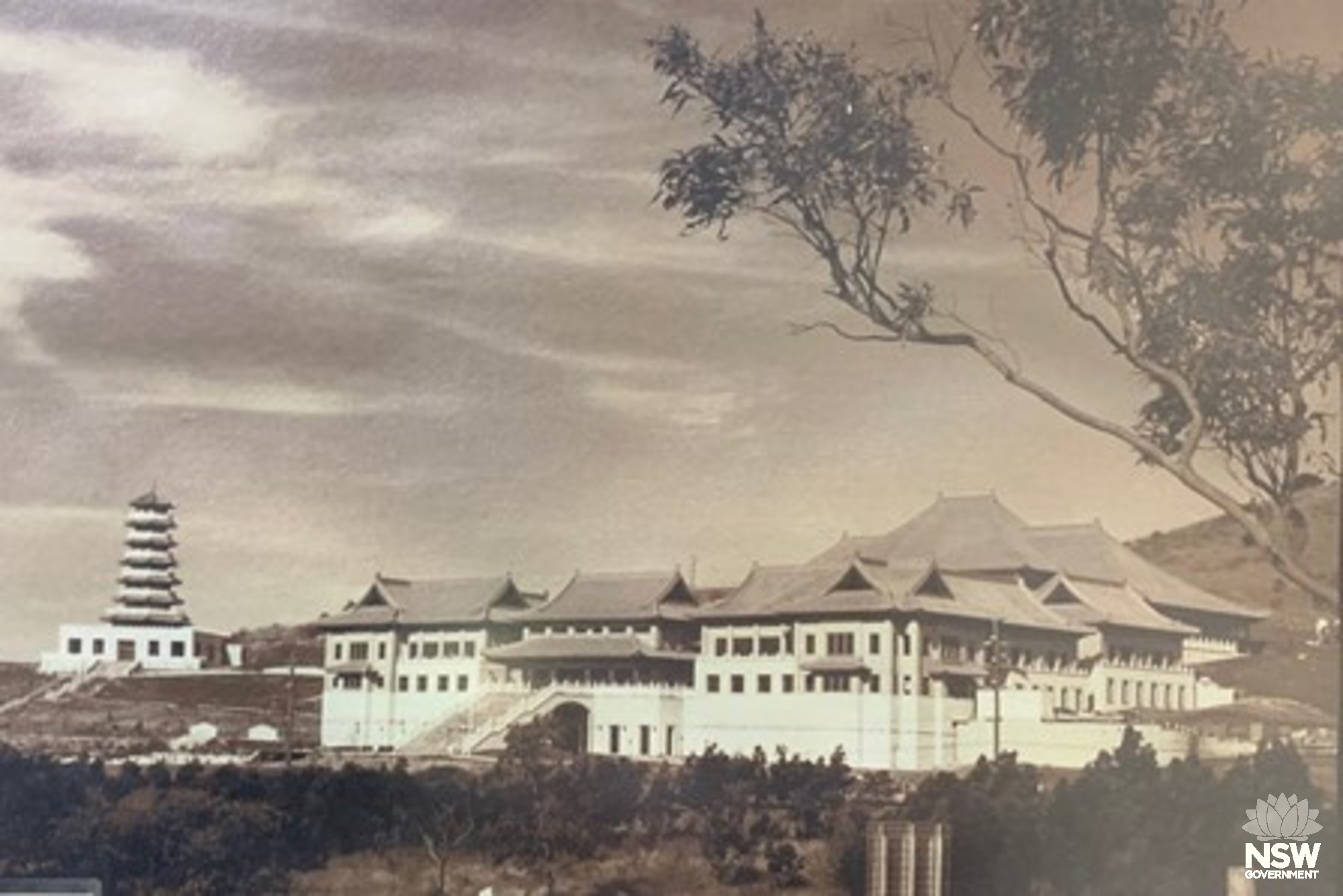 View of the newly completed Front and Main Shrine and Pagoda Source - Nan Tien Temple 1995