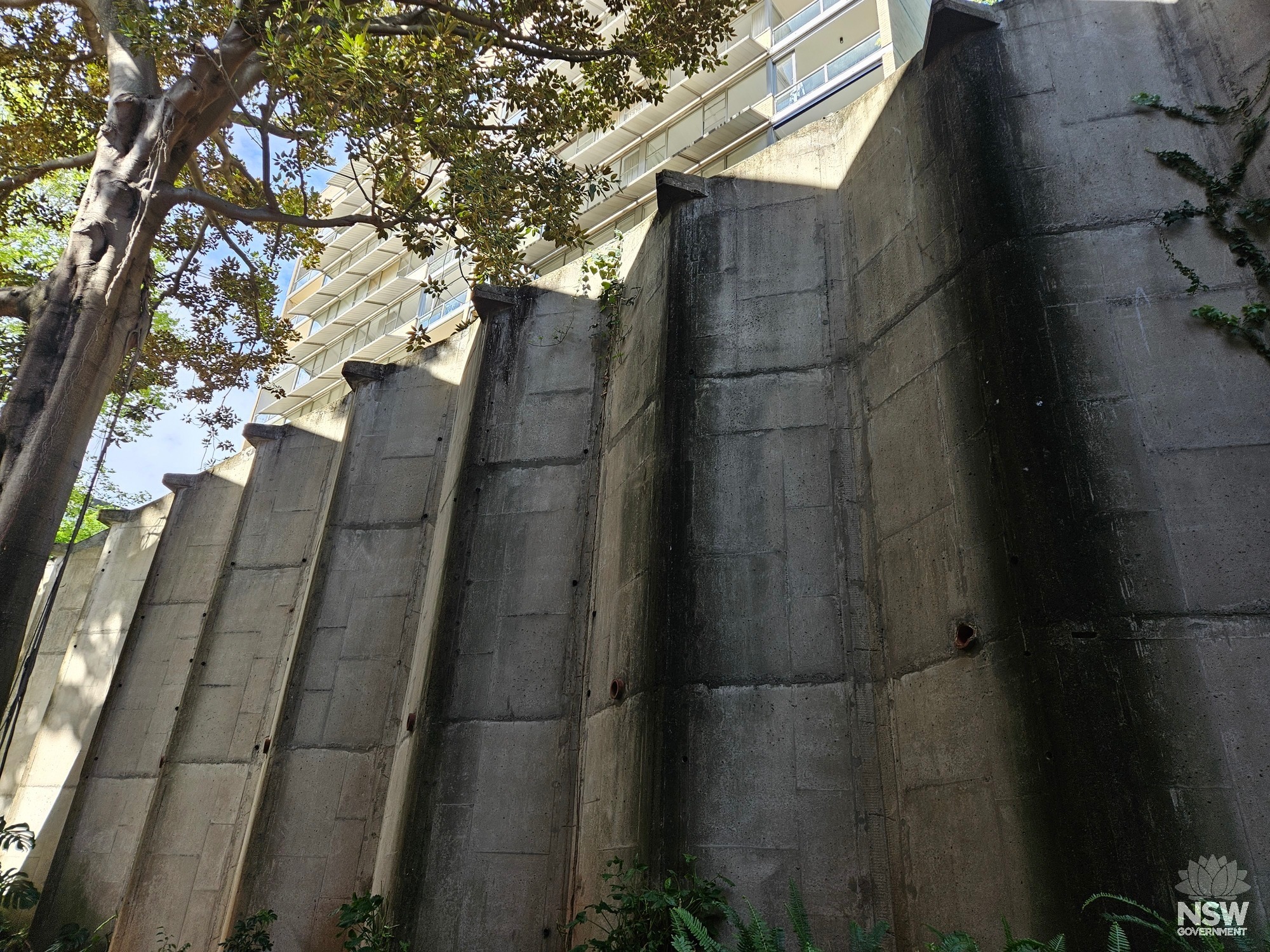 Ithaca Gardens. Folded concrete garage structure wall.